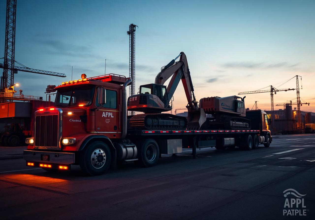 Big Rig Hauling flatbed loaded with construction excavator