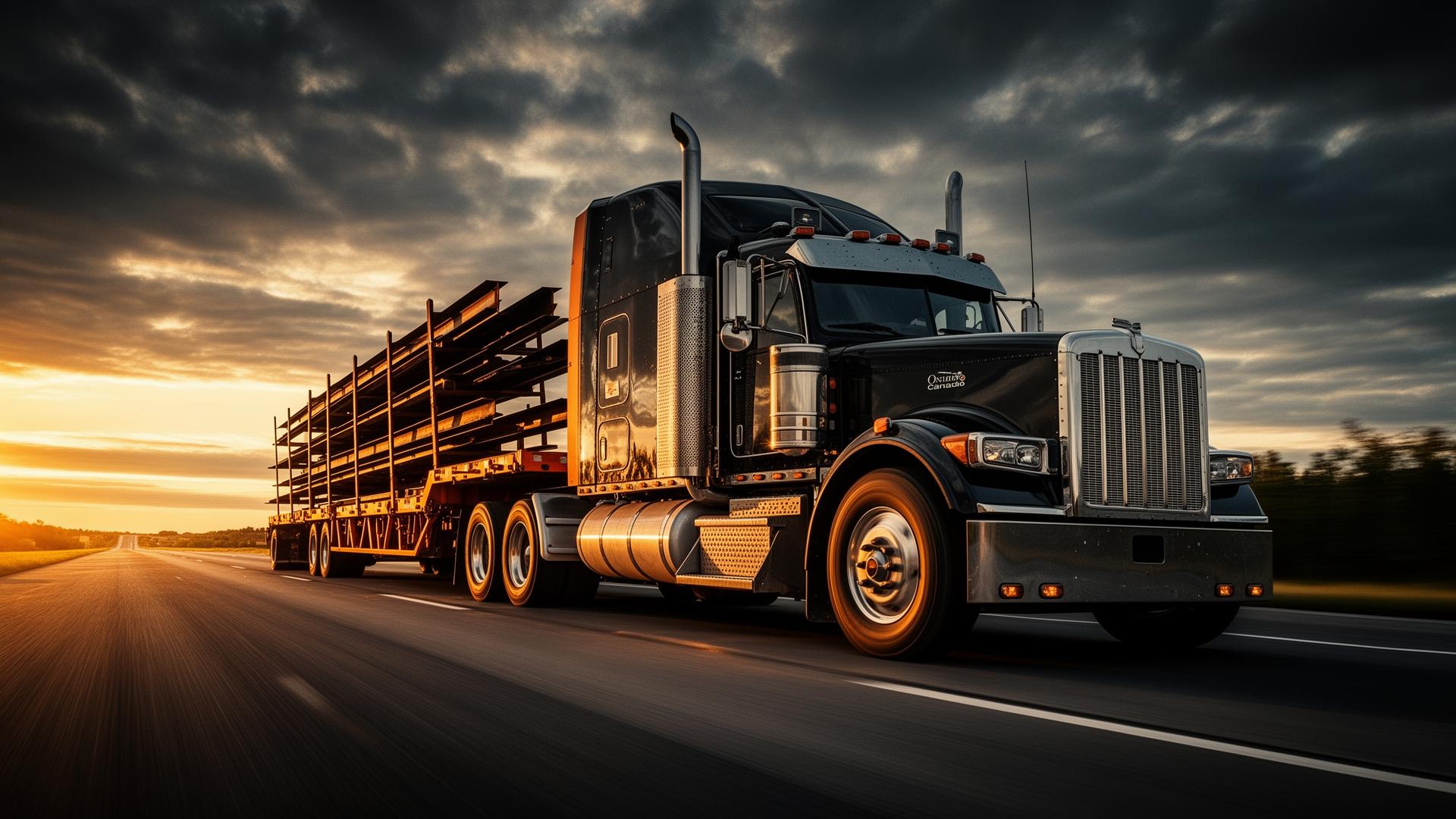 Black flatbed big rig hauling steel beams on Ontario highway